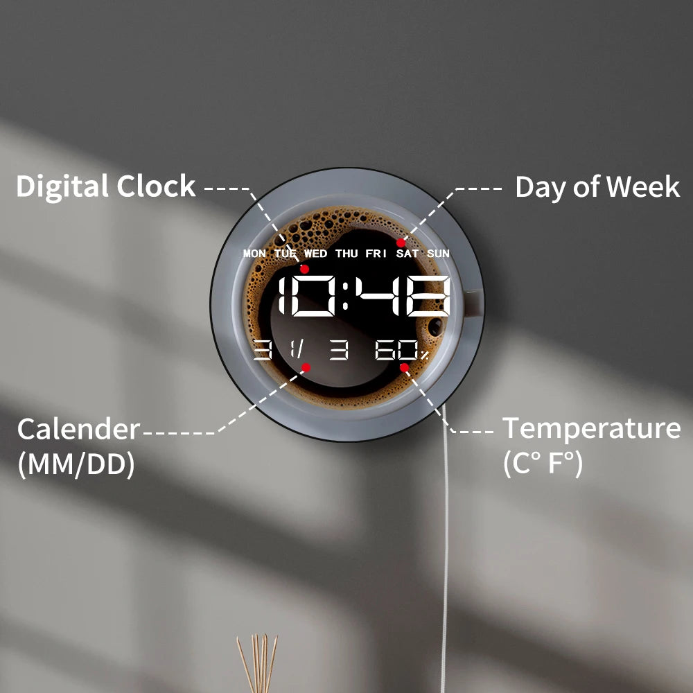 Top view Coffee Mug LED Digital Wall Clock Barista Minimalist Electronic Kitchen Wall Clock Large Numeric Display Cafe Bar Decor