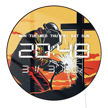 Welding the Cross Auto Dimming LED Digital Wall Clock Religious Home Decor 12/24hour Electronic Wall Clock Christian Welder Gift