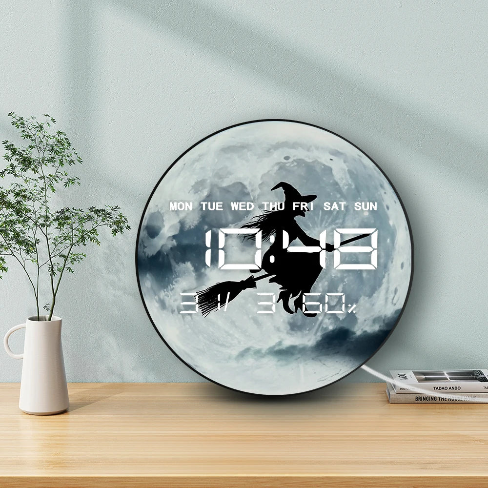 Witch Flying Full Moon Electronic Wall Clock Large Number Display Halloween Home Decor Gothic Fantasy Artwork Digital Wall Clock