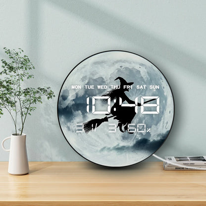 Witch Flying Full Moon Electronic Wall Clock Large Number Display Halloween Home Decor Gothic Fantasy Artwork Digital Wall Clock