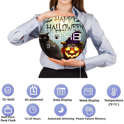 Halloween Owl Home Decor Electronic Wall Clock with Timer Calendar Date Temperature Auto Dimming  LED Digital Display Wall Clock