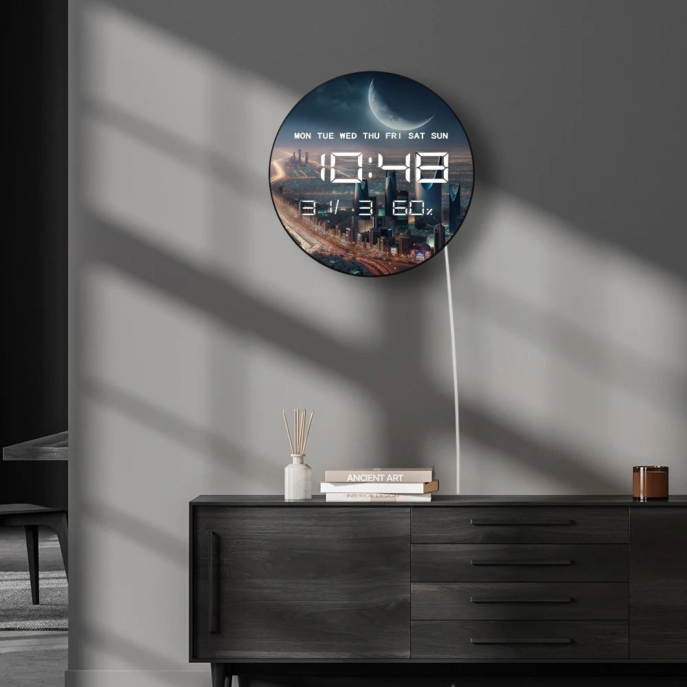 Riyadh City with Crescent Moon LED Digital Wall Clock Big Display Middle East Cityscape Arabian Home Decor Electronic Wall Clock