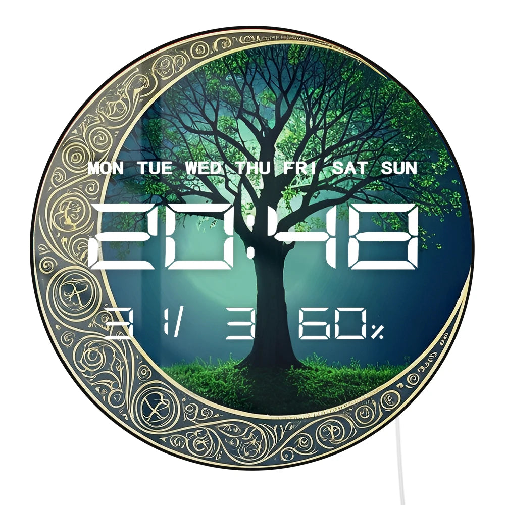 Wicca Symbol Moon Tree of Life LED Digital Wall Clock Magic Home Decor 12/24hour Timer Electronic Wall Clock with Calendar Date