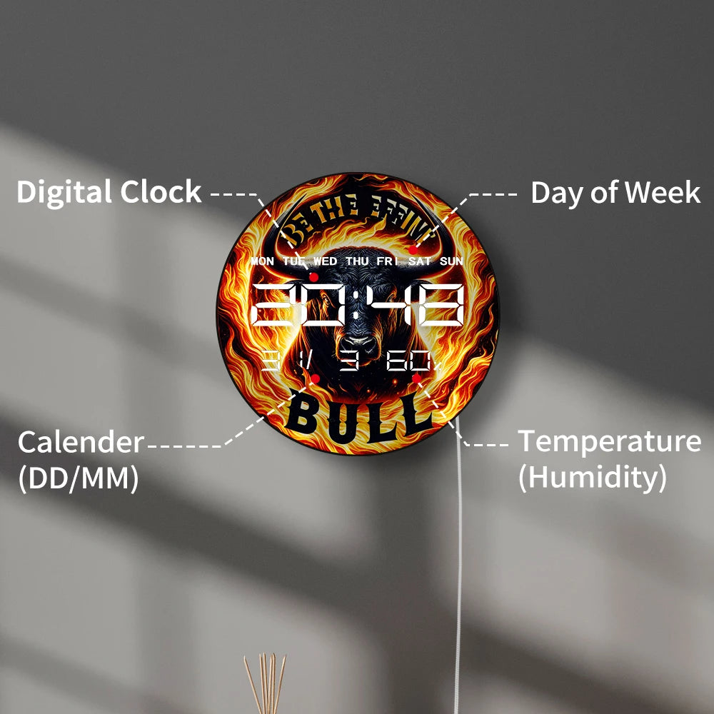 Fiery Bull with Flame Electronic Wall Clock Big LED Digital Wall Clock with Calendar Date Temperature Majestic Animal Home Decor