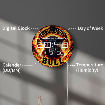 Fiery Bull with Flame Electronic Wall Clock Big LED Digital Wall Clock with Calendar Date Temperature Majestic Animal Home Decor