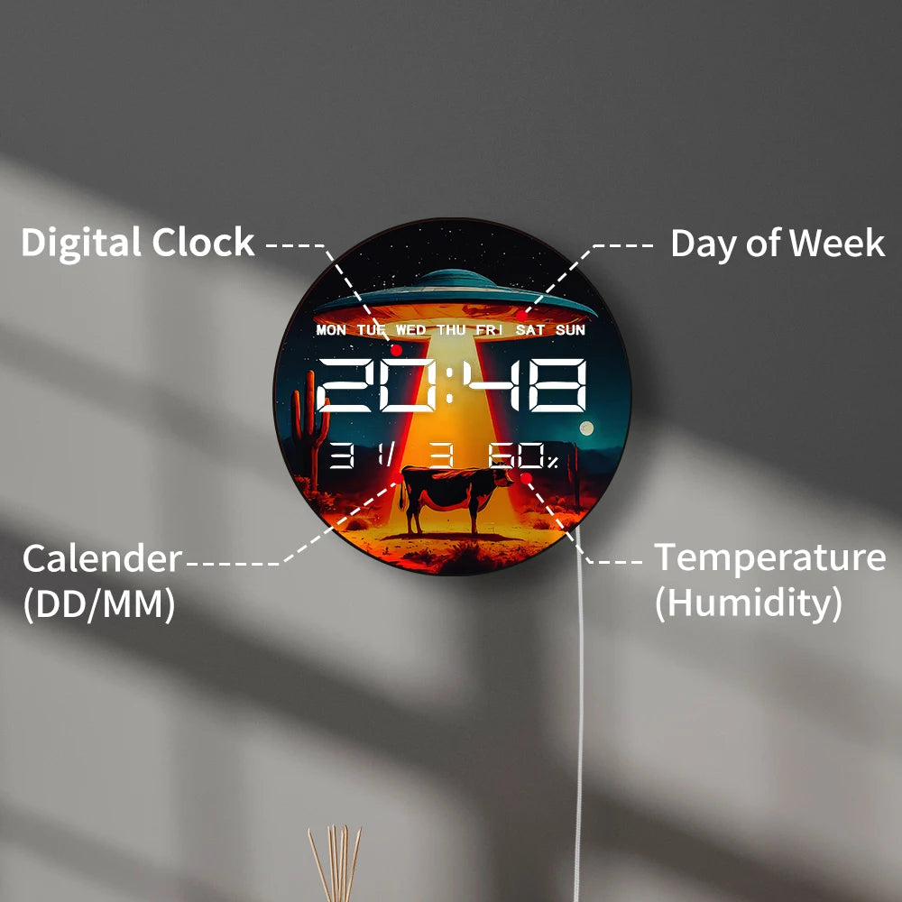 Retro Alien UFO Abduction Cow 12/24 Hour Electronic Wall Clock Western Home Decor Timepieces Auto Dimming LED Digital Wall Clock