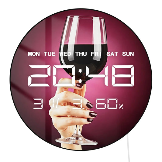 Elegant Glass of Red Wine Modern Design LED Digital Wall Clock for Home Bar Pub Samrt Auto Dimming 12/24hr Electronic Wall Clock