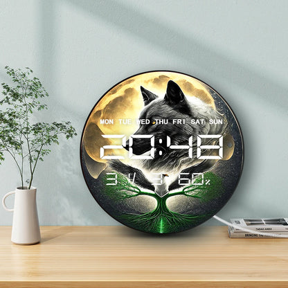 Wildlife Wolf Eagle LED Digital Wall Clock with Calendar Date Temperature Viking Tree of Life Home Decor Electronic Wall Clock