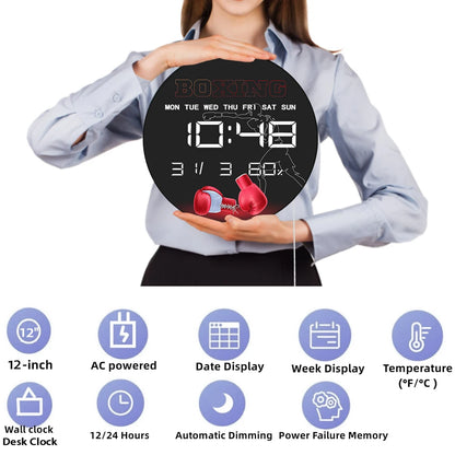 Red Boxing Gloves LED Auto Dimming Digital Clock Wall Desk Use Boxer Punch Training Fight Multifunctional Electronic Wall Clock