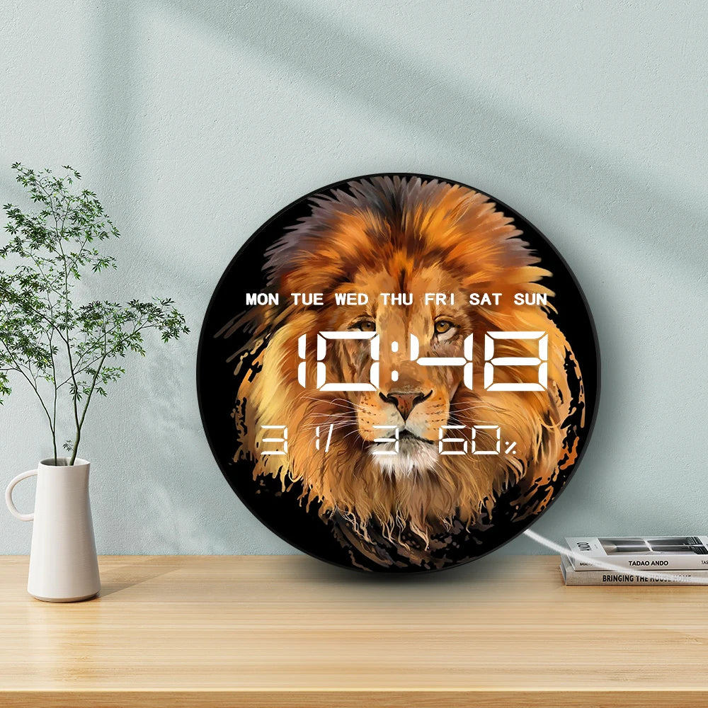 Lion Portrait Electronic Wall Clock Large Numeric Display Wild Animal African Home Decor Multifunctional LED Digital Wall Clock