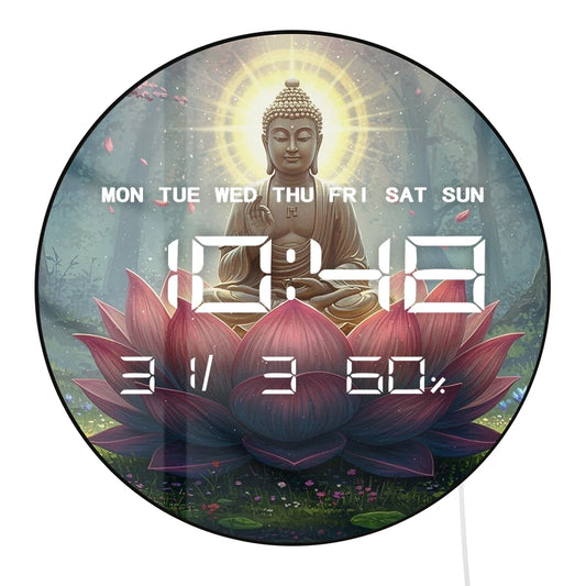Buddha Seated on Giant Lotus Digital Wall Clock with LED Display Calendar Temperature Automatic Dimming 12/24hr Electronic Clock