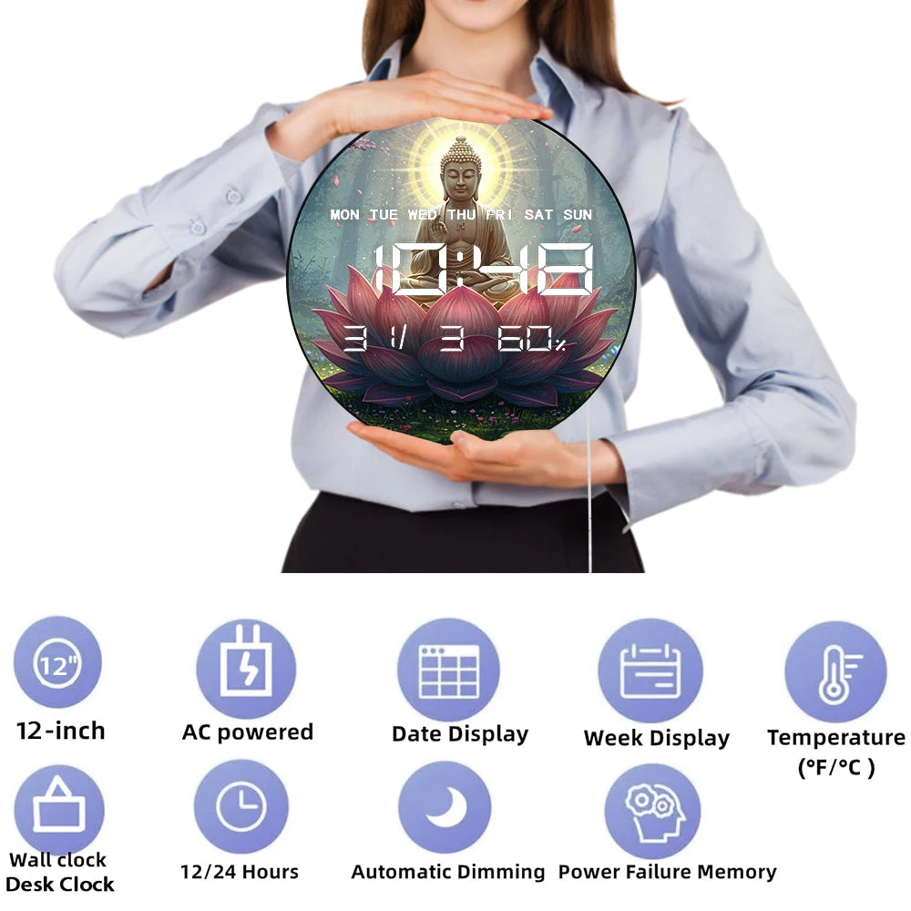 Buddha Seated on Giant Lotus Digital Wall Clock with LED Display Calendar Temperature Automatic Dimming 12/24hr Electronic Clock