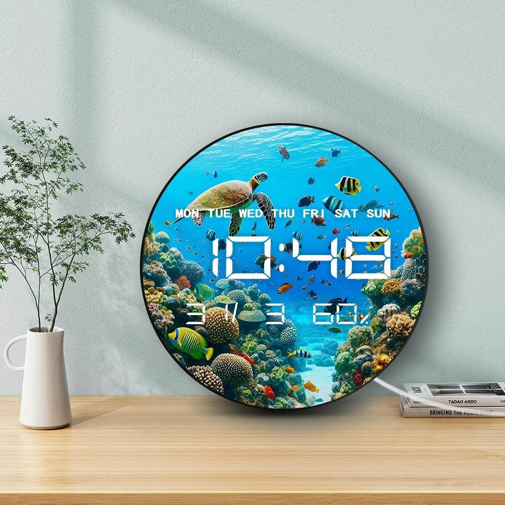 Under The Sea World Ocean LED Digital Wall Clock with Calendar Temperature Auto Dimming 12/24hr Format Electronic Wall Clock
