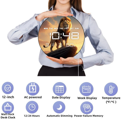 Lion on Pride Rock Large Digital Wall Clock Safari Animal Home Decor Electronic Wall Clock with Timer Date Temperature Display