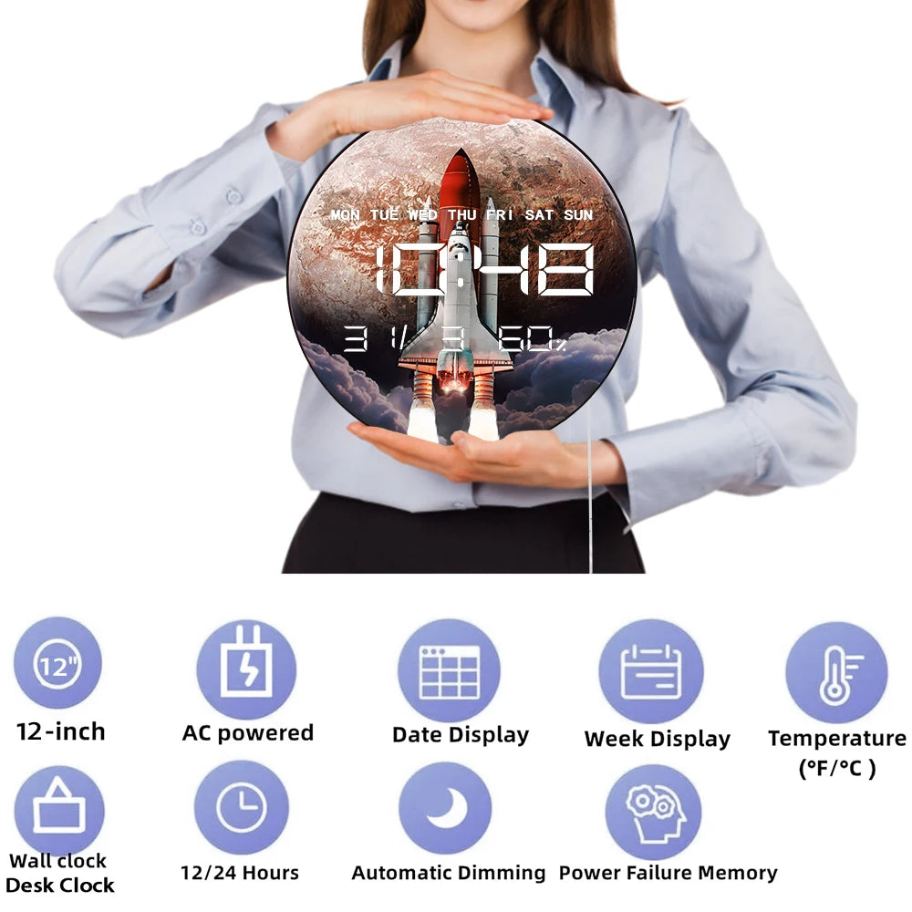 Space Shuttle with Red Planet Electronic Wall Clock Large Numeric Display Digital Clock with Humidity Calendar Date Temperature