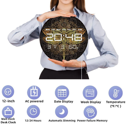 Golden Mandala Dragonfly LED Digital Wall Clock Spiritual Home Decor Electric Wall Clock with 12/24hr Date Calendar Temperature