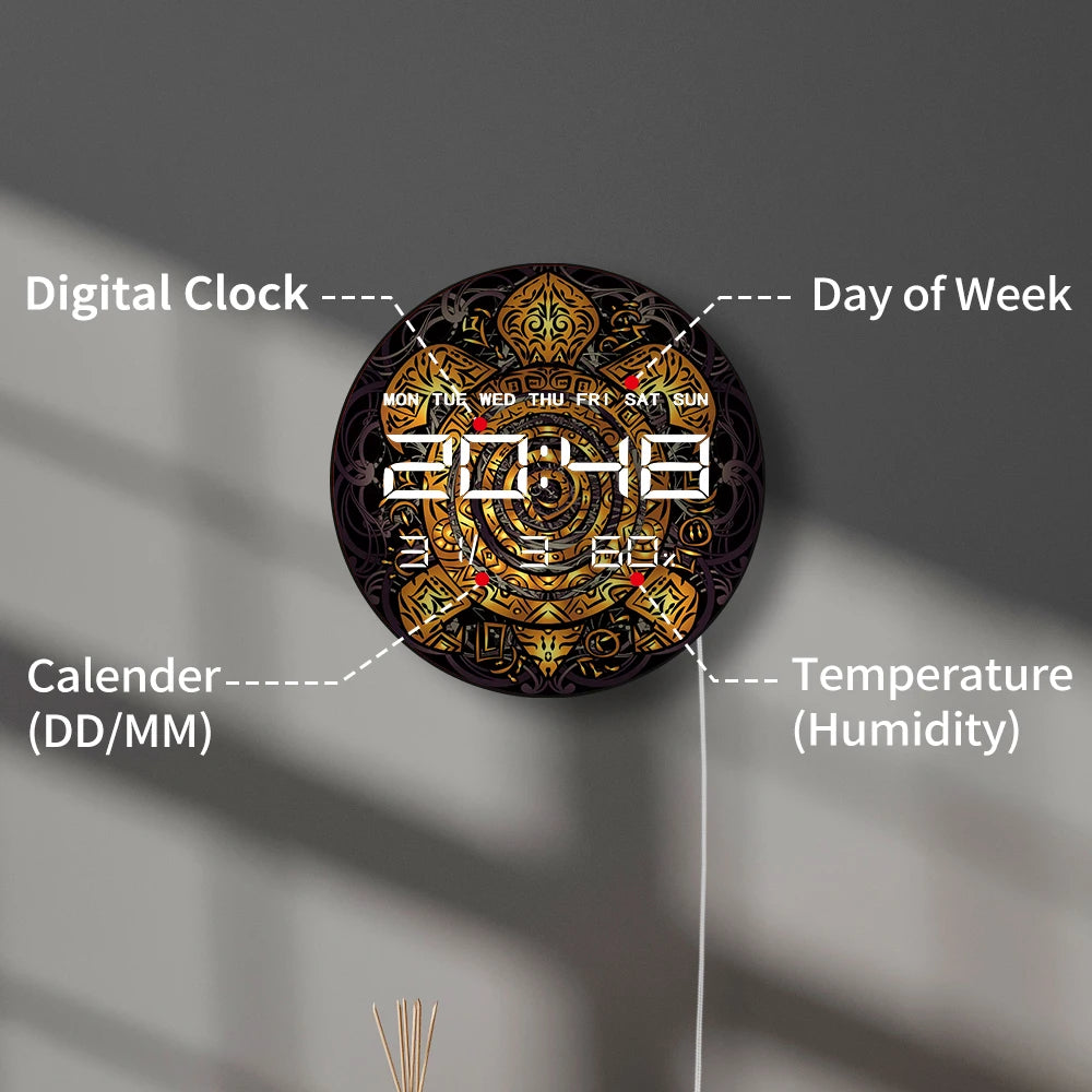 Golden Tribal Sea Turtle Electronic Wall Clock Totemic Animal Toned Maori Home Decor Timer Smart Dimming LED Digital Wall Clock