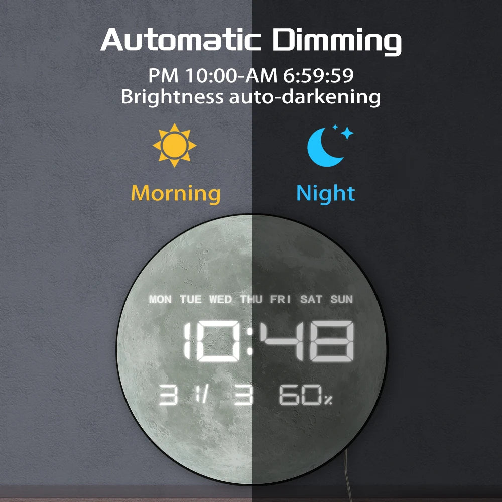 Planet Moon Digital Wall Clock Home Decor Large Display LED Lunar Wall Clock For Living Room with Temperature Date Day Display
