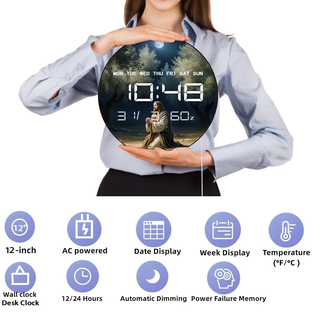 Jesus Praying in Garden of Gethsemane LED Digital Wall Clock with Calendar Date Temperature Auto Dimming 12/24hr Electric Clock
