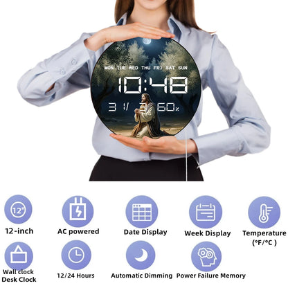 Jesus Praying in Garden of Gethsemane LED Digital Wall Clock with Calendar Date Temperature Auto Dimming 12/24hr Electric Clock
