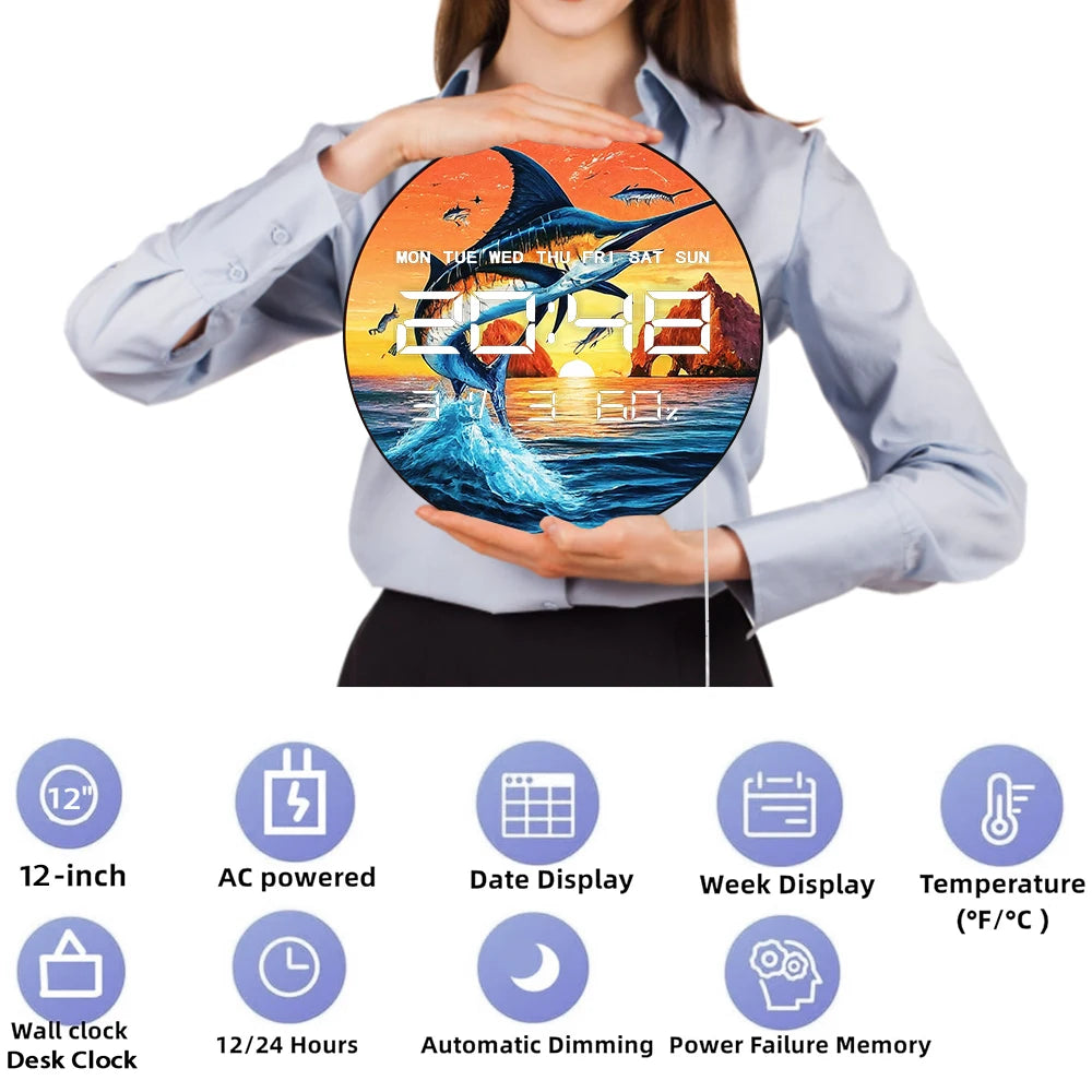 Fishing Blue Marlin LED Digital Clock Timer Jumping Sailfish Home Decor Multifunctional Electronic Wall Clock Fisherman's Gift