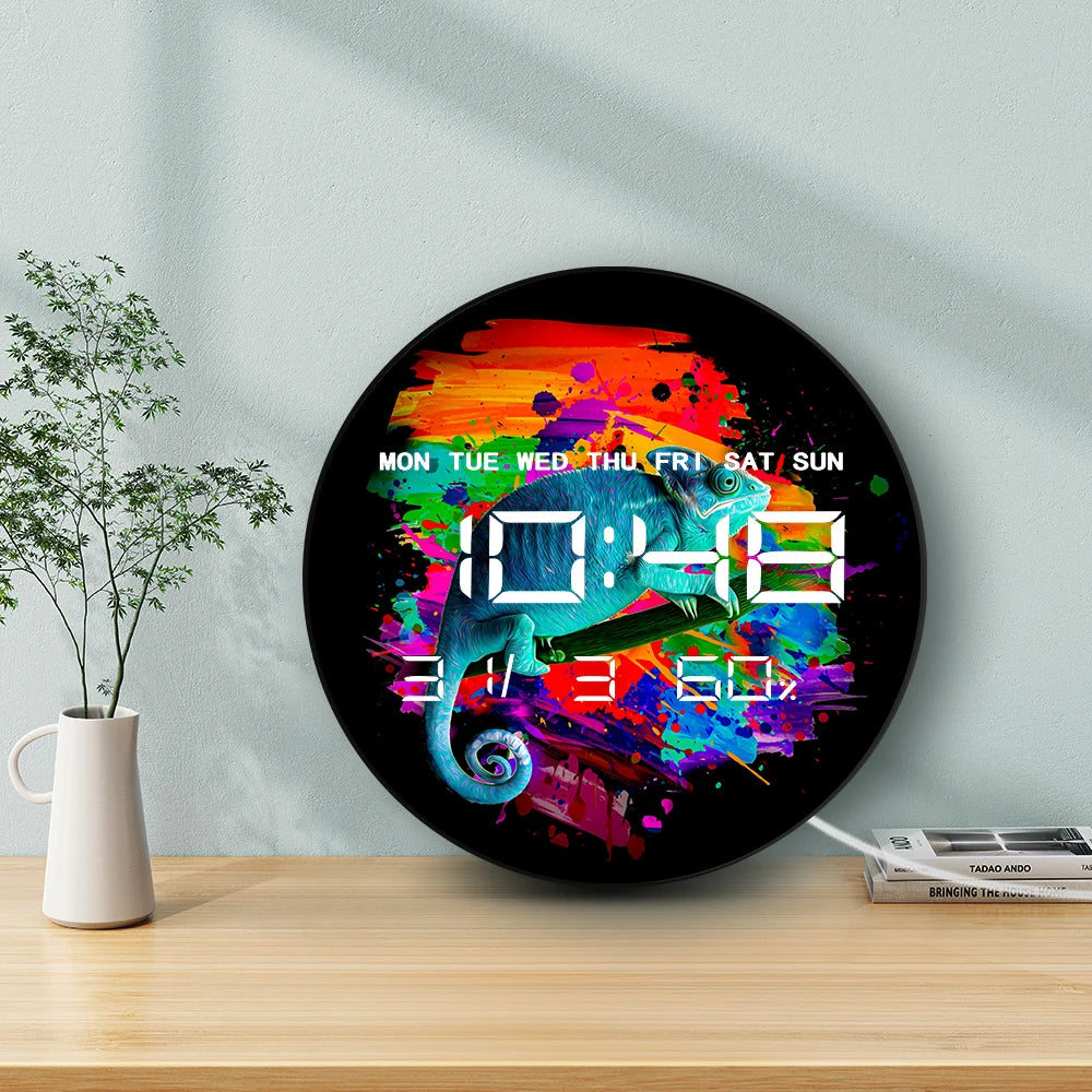 Vibrant Chameleon LED Digital Wall Clock Large Display Calendar Animal Artwork Home Decor Modern Design Electronic Wall Clock