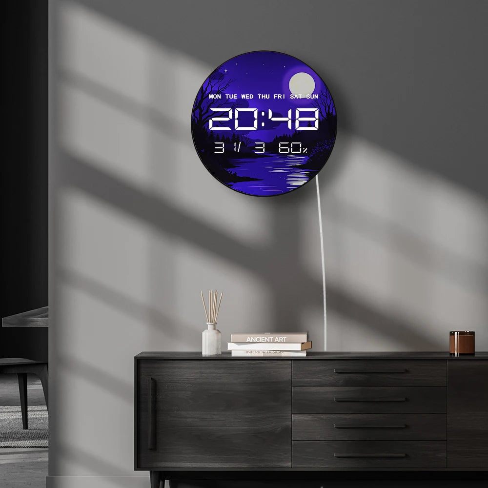 Purple Calm Night Glowing Moon LED Digital Wall Clock with Calendar Date Temperature Auto Dimming 12/24hr Electronic Wall Clock