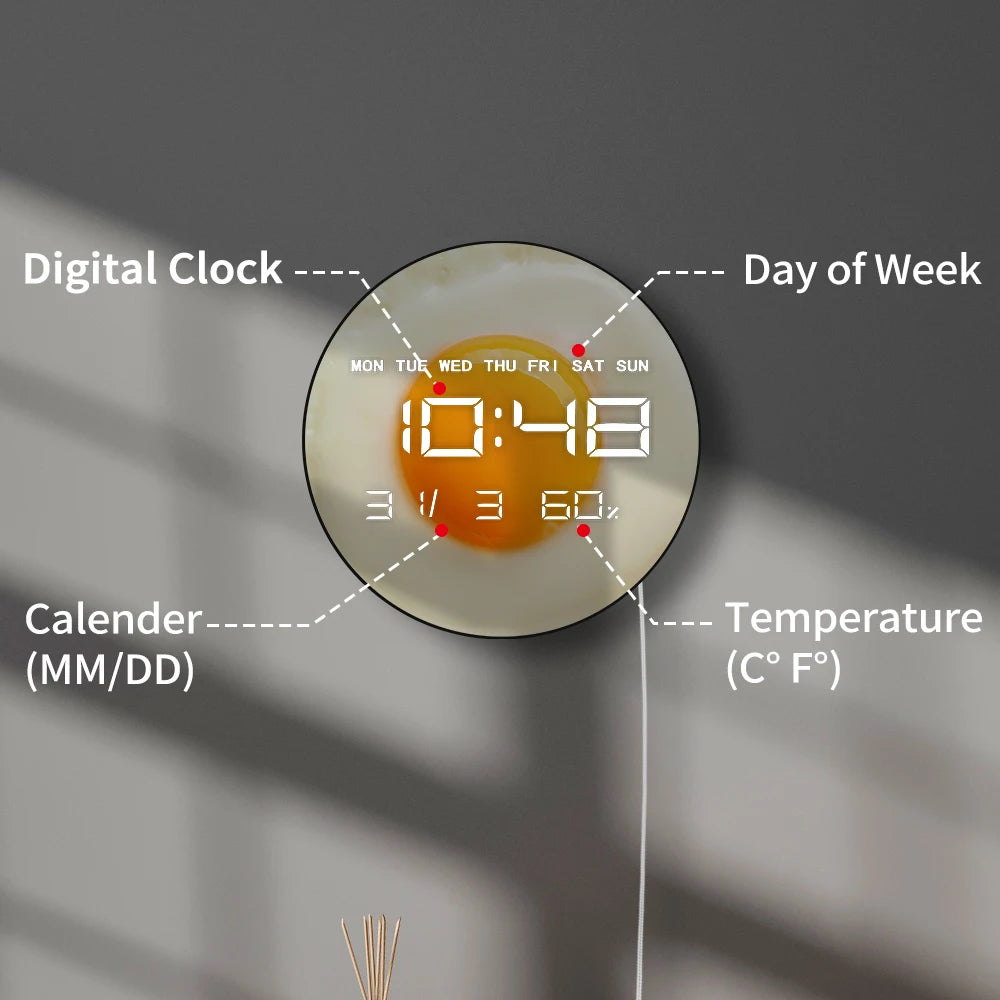 Sunny Side Up Breakfast Fried Egg Kithcen Wall Clock With LED Digital Time Display Scrambled Eggs Modern Electronic Wall Clock