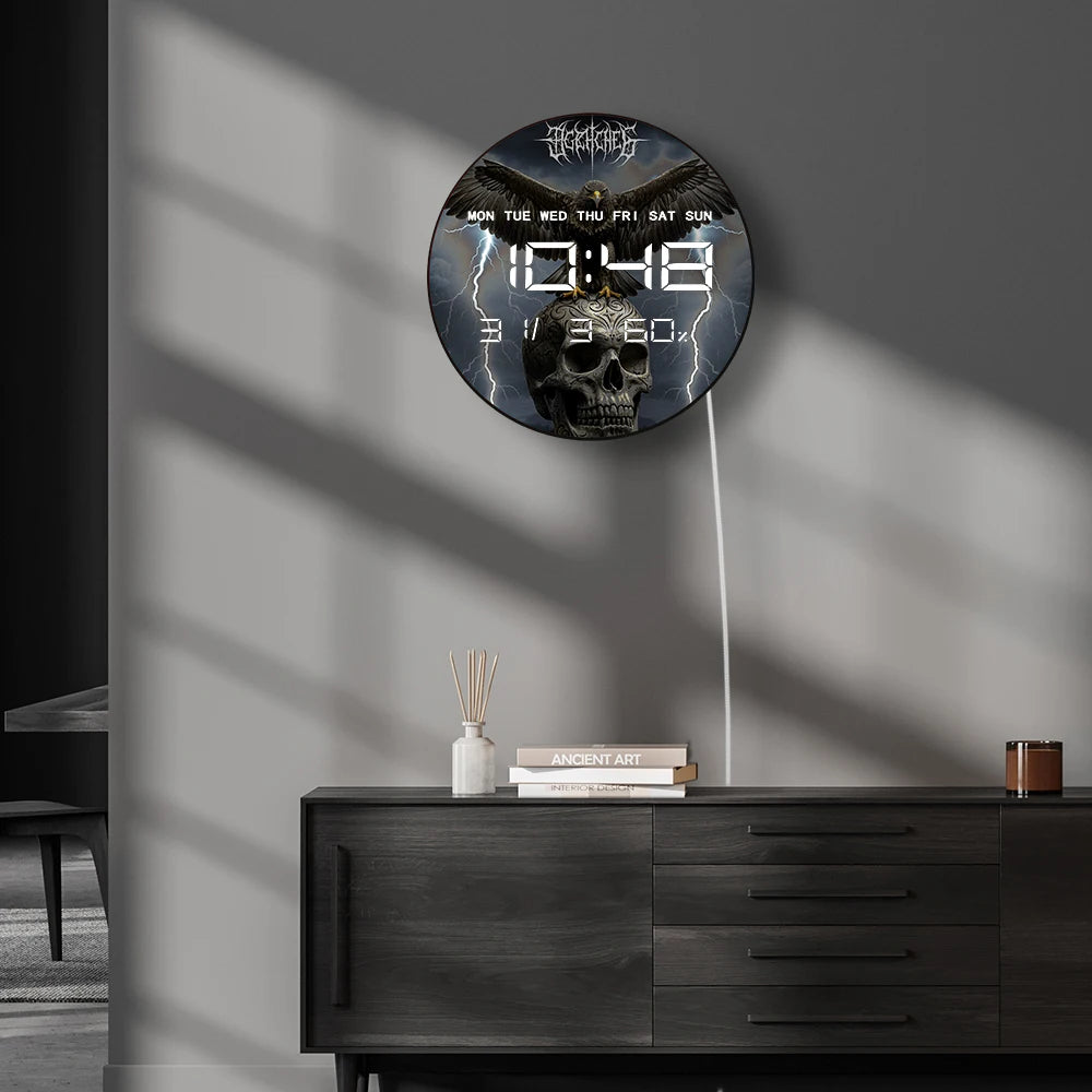Eagle on Skull Head Wall Desk Use Digital Timer Clock with Temperature Humidity Cal Date Large Display LED Digital Wall Clock