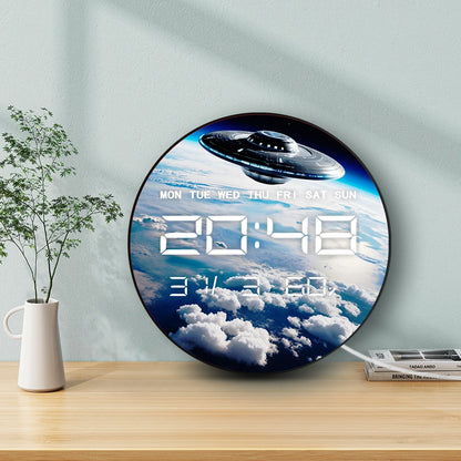 UFO Flying Earth Atmosphere LED Digital Wall Clock with Calendar Date Temperature Sci Fi Home Decor 12/24hr Electric Wall Clock