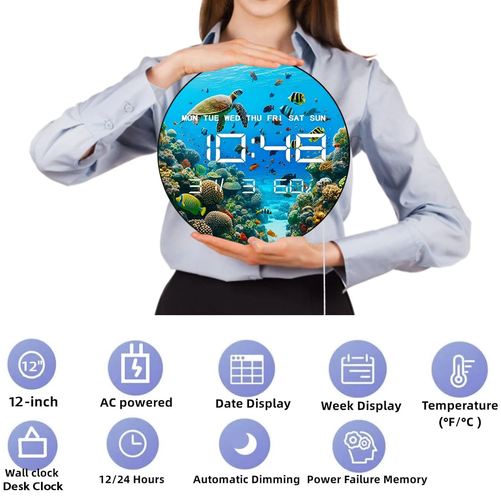 Under The Sea World Ocean LED Digital Wall Clock with Calendar Temperature Auto Dimming 12/24hr Format Electronic Wall Clock