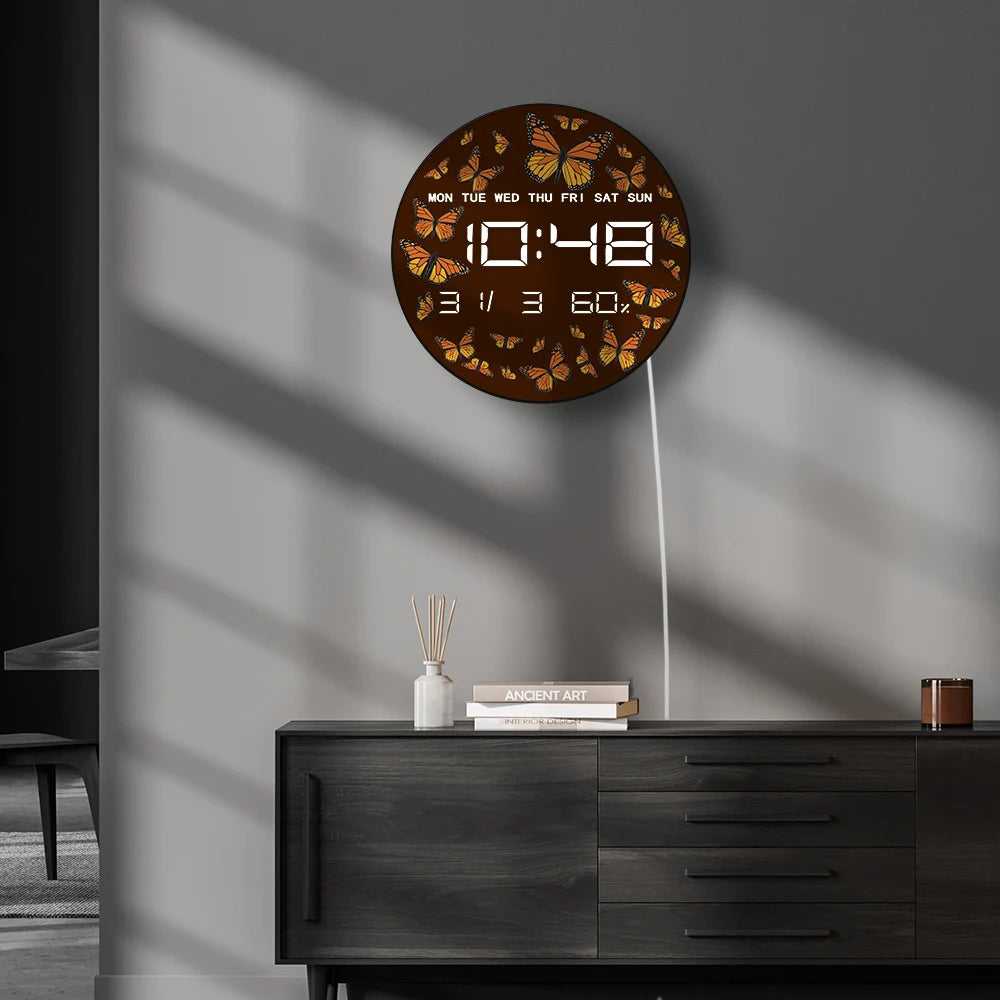 Monarch Butterflies Electronic Wall Clock Entomology Nature Insect LED Digital Wall Clock with Timer Date Temperature Calendar