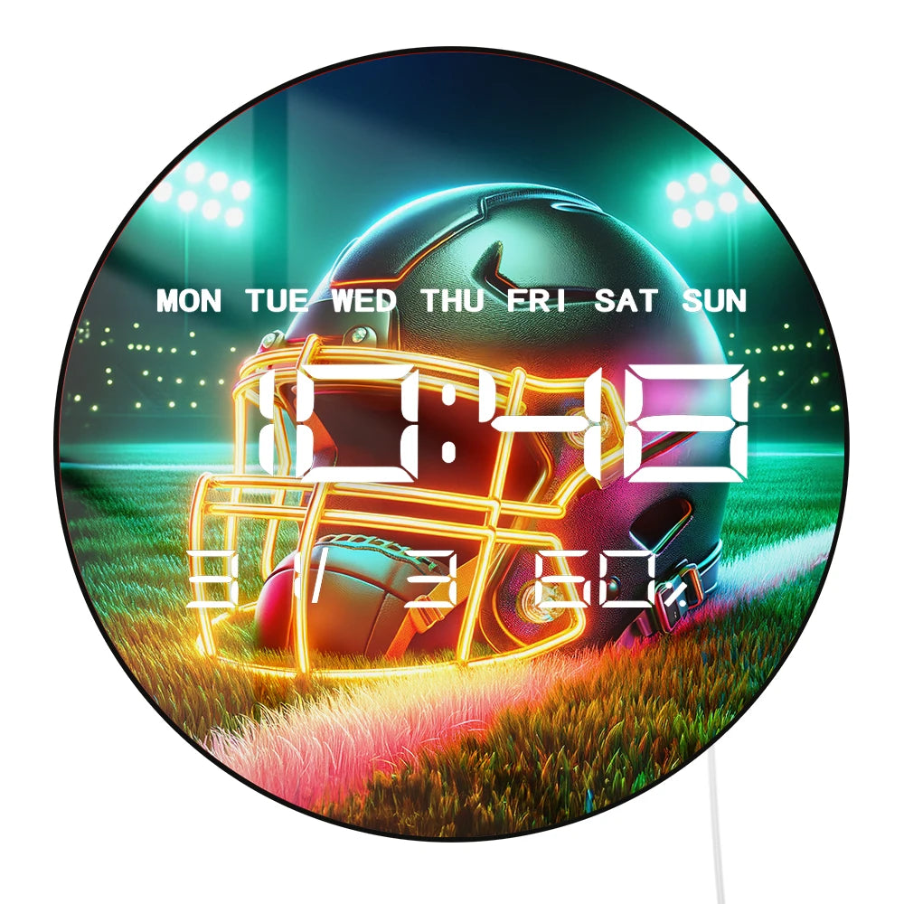 American Football Helment LED Digital Wall Clock with Temperature Humidity Calendar Date Large LED Display Electronic Wall Clock