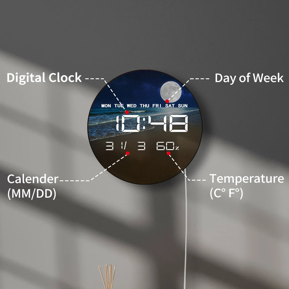 Full Moon over the Sea with Tropical Beach LED Digital Wall Clock with Calendar Temperature Auto Dimming 12/24hr Electric Clock