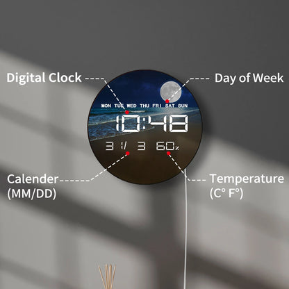 Full Moon over the Sea with Tropical Beach LED Digital Wall Clock with Calendar Temperature Auto Dimming 12/24hr Electric Clock