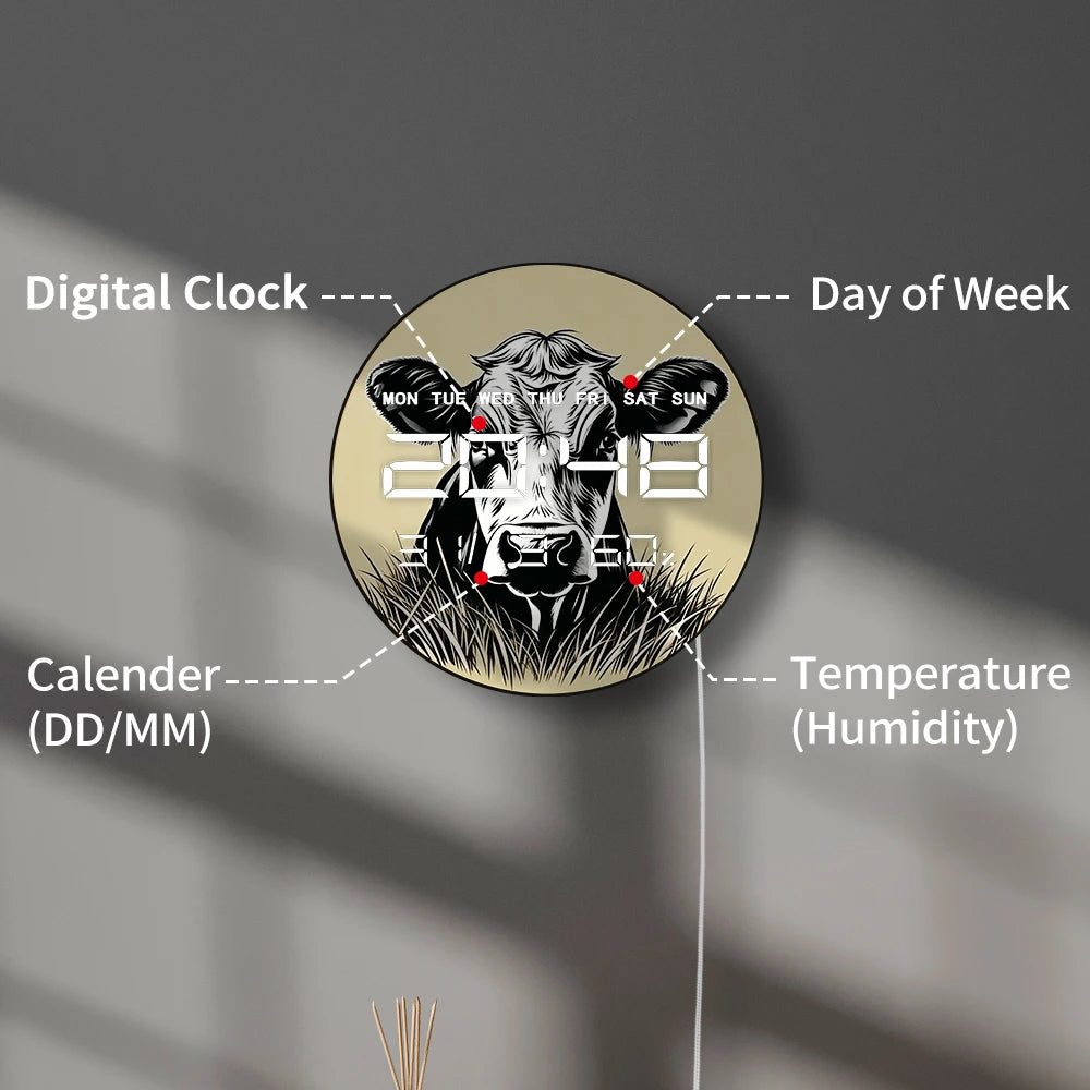Cow Head Electronic Wall Clock for Farmhouse Animal Home Decor LED Digital Wall Clock with 12/24 Timer Calendar Date Temperature