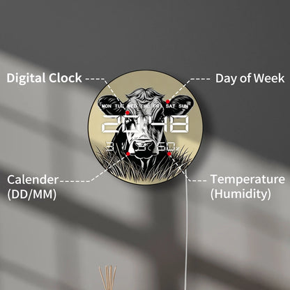Cow Head Electronic Wall Clock for Farmhouse Animal Home Decor LED Digital Wall Clock with 12/24 Timer Calendar Date Temperature