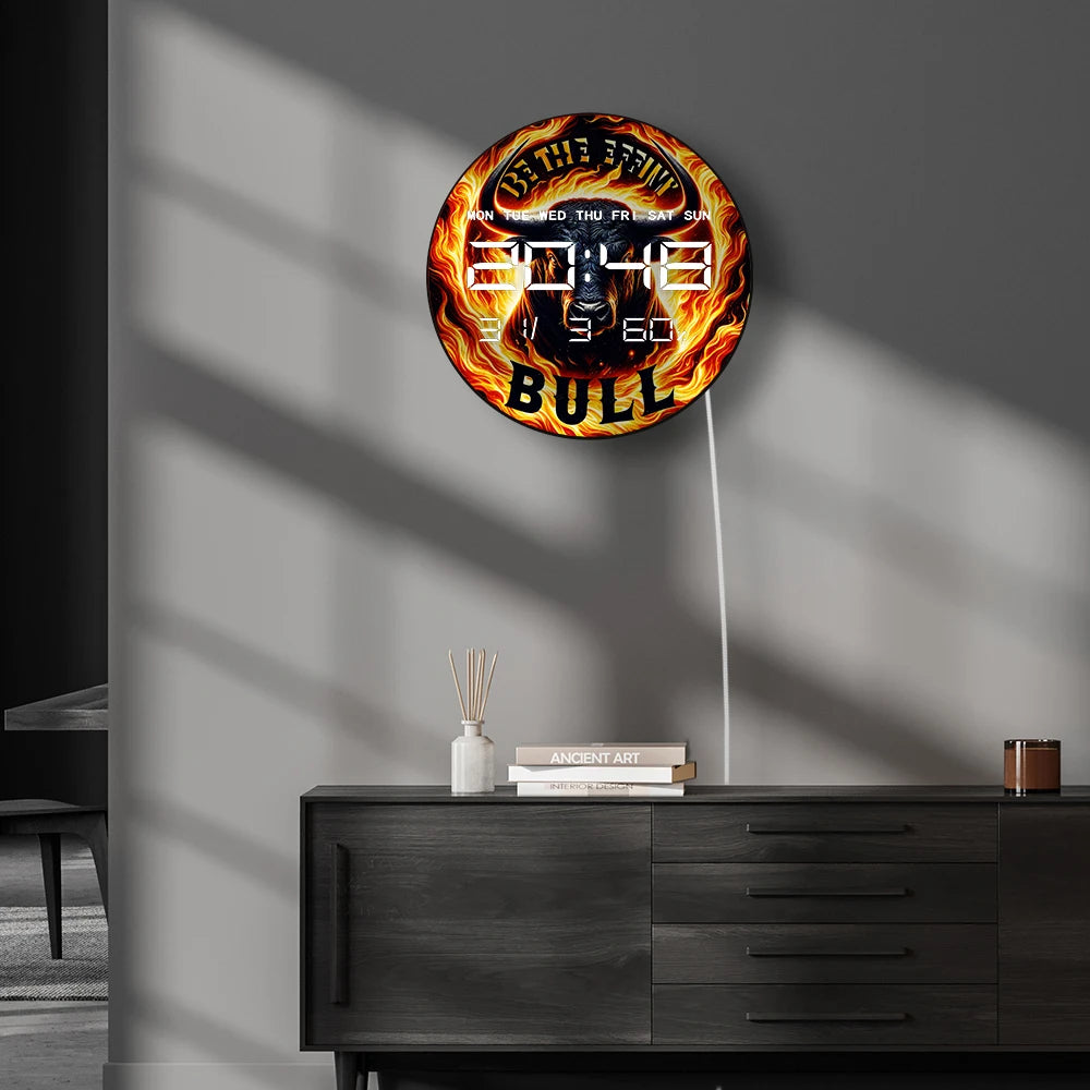 Fiery Bull with Flame Electronic Wall Clock Big LED Digital Wall Clock with Calendar Date Temperature Majestic Animal Home Decor