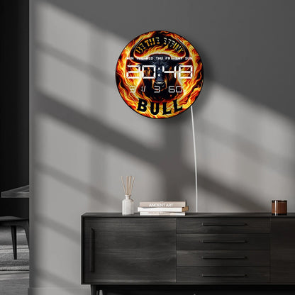 Fiery Bull with Flame Electronic Wall Clock Big LED Digital Wall Clock with Calendar Date Temperature Majestic Animal Home Decor
