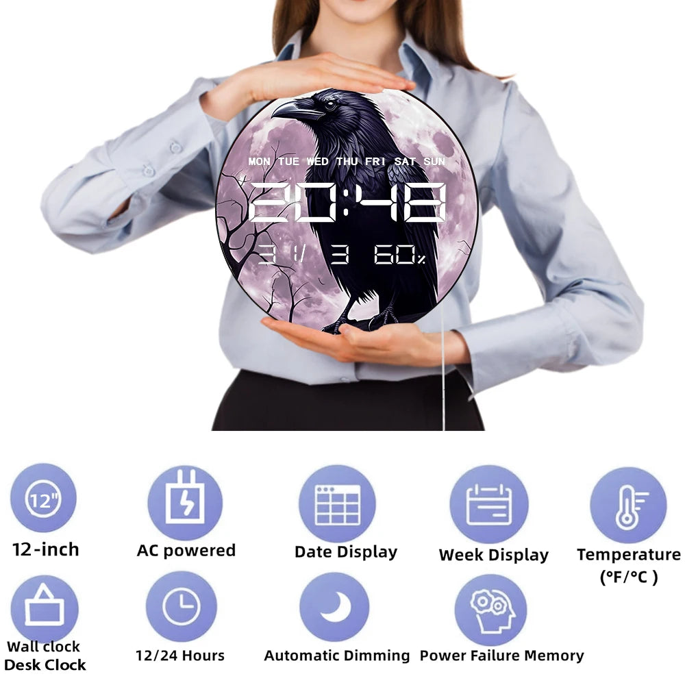 Gothic Raven On Tree Purple Moon Smart Dimming LED Wall Digital Clock Timer 12/24hour Electronic Wall Clock with Jumbo Numbers
