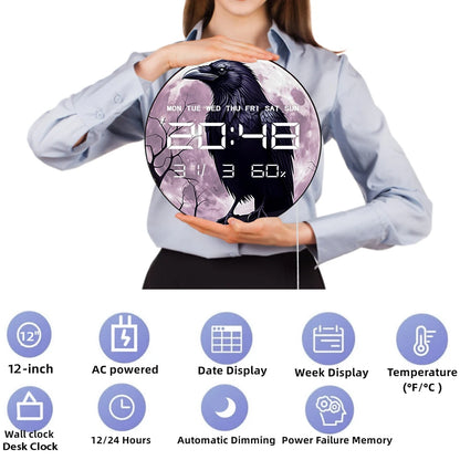 Gothic Raven On Tree Purple Moon Smart Dimming LED Wall Digital Clock Timer 12/24hour Electronic Wall Clock with Jumbo Numbers