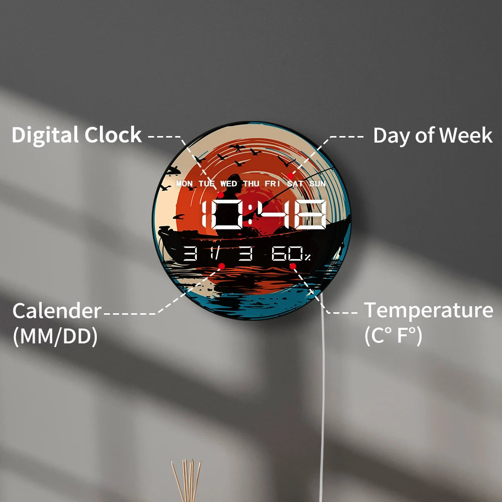 Mountain Lake Fishing on Boat Dual Purpose LED Digital Clock Wall Desk Use Fisherman Multifunction Modern Electronic Wall Clock