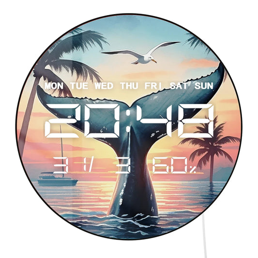Big Whale Tail LED Digital Wall Clock with Calendar Temperature Auto Dimming Sea Life Home Decor 12/24hour Electronic Wall Clock