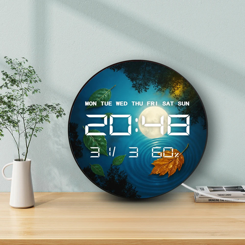 Full Moon Reflection with Fallen Leaf LED Digital Clock with Temperature Humidity Calendar Date Big Display Electric Wall Clock