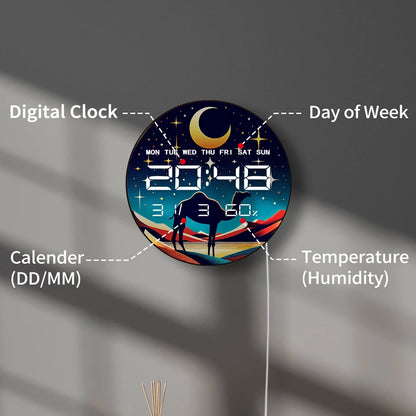 Camel with Crescent Moon LED Digital Wall Clock Gold Accents Desert Home Decor 12/24hr Electronic Wall Clock with Calendar Date