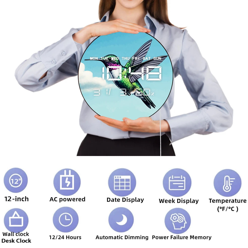 Spring Floral Bird Hummingbird LED Digital Wall Clock with Temperature Humidity Calendar Date Big Display Electronic Wall Clock