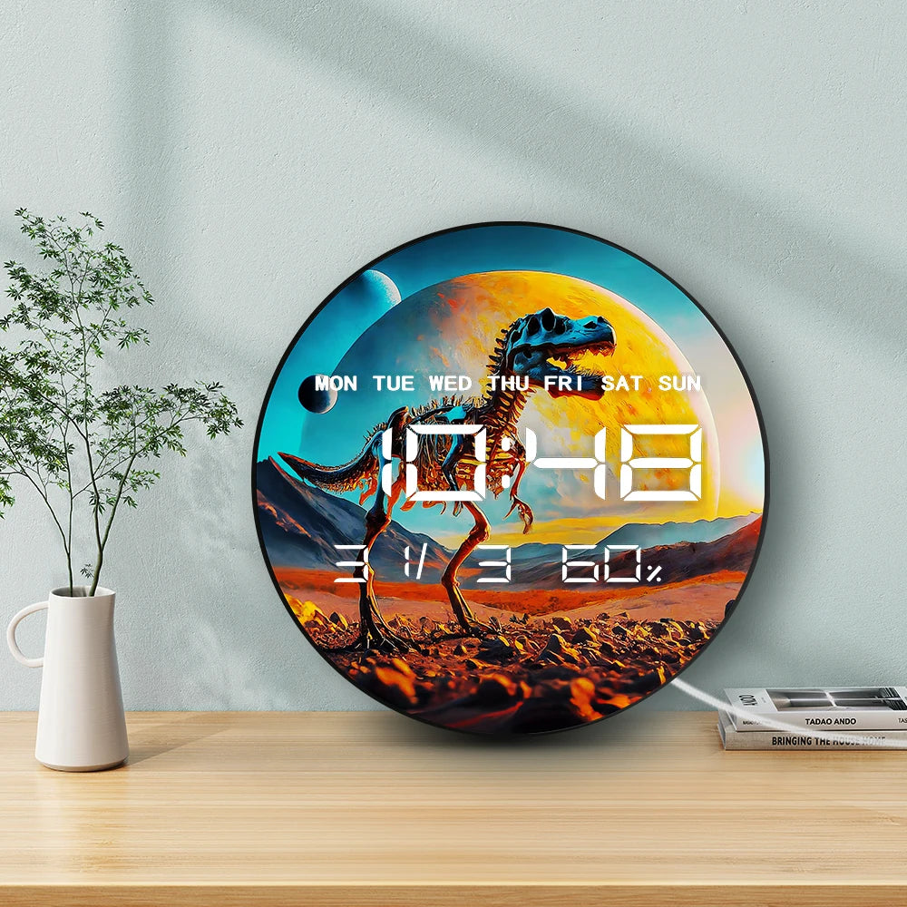 Skeleton T-rex Dinosaur Electronic Wall Clock with Calendar Date Temperature 12/24Hour Timer LED Auto Dimming Digital Wall Clock