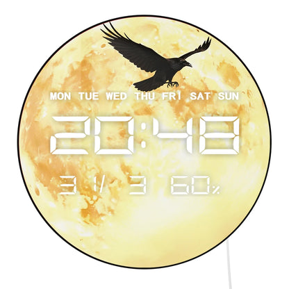 Raven Flying Over Full Moon LED Digital Clock Timer Calendar Date Temperature Crescent Moon Home Decor 12/24hr Electronic Clock