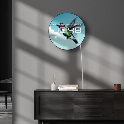 Spring Floral Bird Hummingbird LED Digital Wall Clock with Temperature Humidity Calendar Date Big Display Electronic Wall Clock