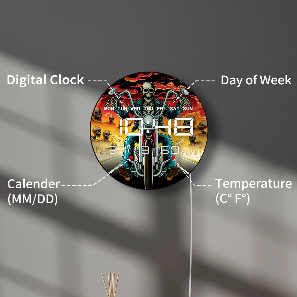Motorcycle Rider Skull Biker Smart Dimming LED Digital Wall Clock 12/24hour Timer Electric Clock with Calendar Date Temperature